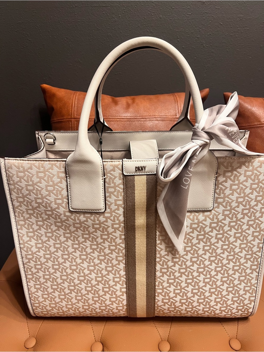 DKNY Beige and Cream Logo Tote with Ribbon Accent